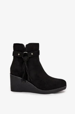 Boto Botki Ocieplane|Botki Na Koturnie*Ocieplane Botki Damskie Na Koturnie Z Frędzlami Czarne Olivarae