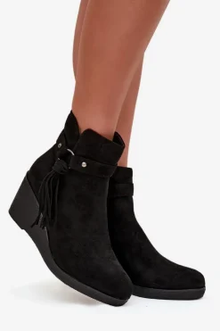 Boto Botki Ocieplane|Botki Na Koturnie*Ocieplane Botki Damskie Na Koturnie Z Frędzlami Czarne Olivarae