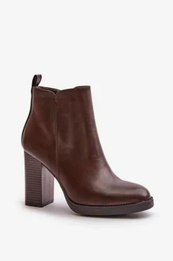 Boto Botki Ocieplane|Czarne Botki*Ocieplane Botki Damskie Na Słupku Eko Skórzane Ciemnobrązowe Teresine