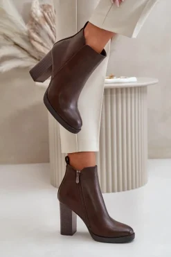 Boto Botki Ocieplane|Czarne Botki*Ocieplane Botki Damskie Na Słupku Eko Skórzane Ciemnobrązowe Teresine