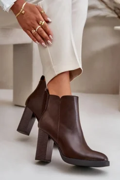 Boto Botki Ocieplane|Czarne Botki*Ocieplane Botki Damskie Na Słupku Eko Skórzane Ciemnobrązowe Teresine