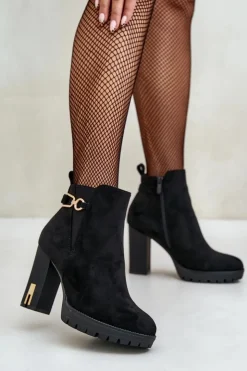 Boto Ocieplane Botki Damskie Na Wysokim Obcasie Słupku Czarne Terisanna
