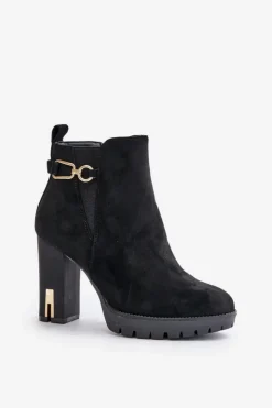 Boto Ocieplane Botki Damskie Na Wysokim Obcasie Słupku Czarne Terisanna