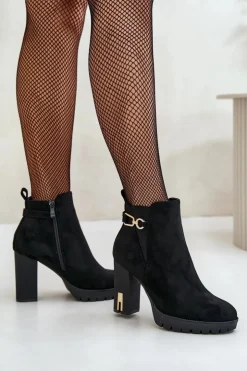 Boto Ocieplane Botki Damskie Na Wysokim Obcasie Słupku Czarne Terisanna