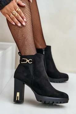 Boto Ocieplane Botki Damskie Na Wysokim Obcasie Słupku Czarne Terisanna