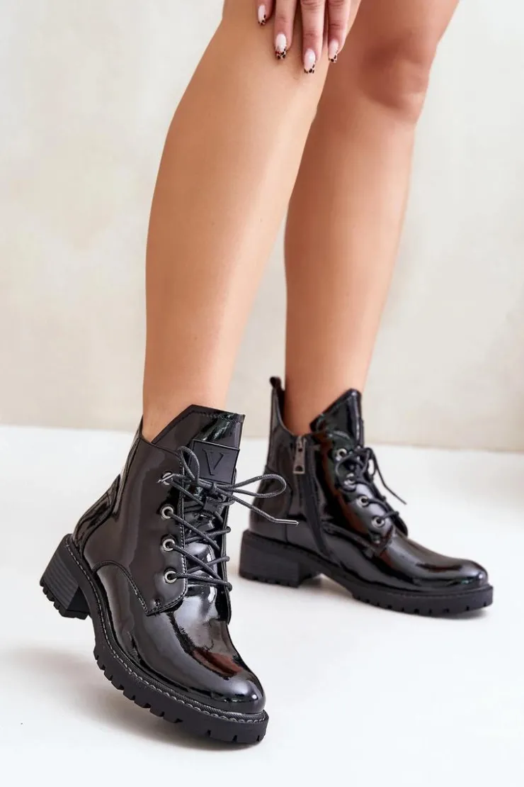 Damskie Buty damskie Vinceza Ocieplane Botki Damskie Na Niskim Obcasie Lakierowane Vinceza 58136 Czarne