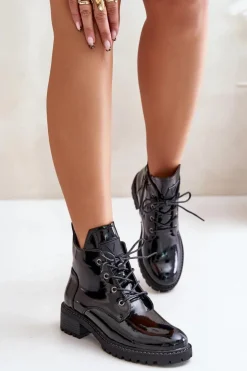 Damskie Buty damskie Vinceza Ocieplane Botki Damskie Na Niskim Obcasie Lakierowane Vinceza 58136 Czarne