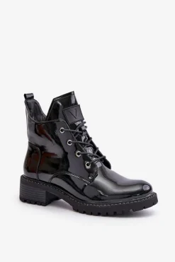 Damskie Buty damskie Vinceza Ocieplane Botki Damskie Na Niskim Obcasie Lakierowane Vinceza 58136 Czarne