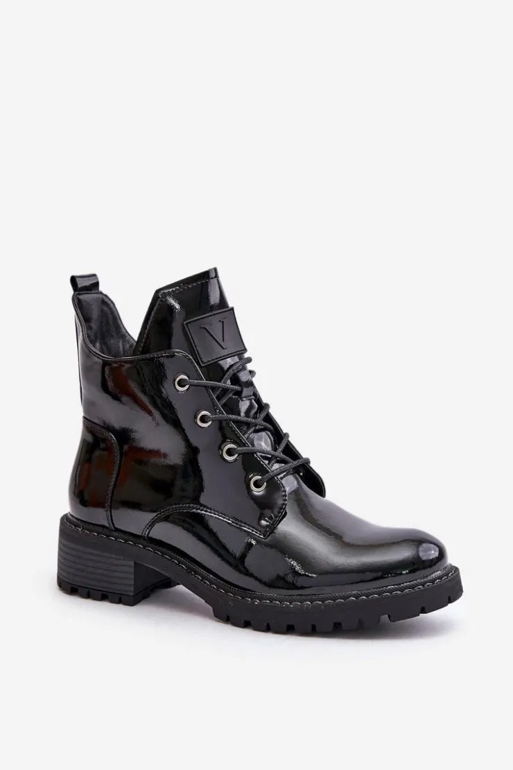 Damskie Buty damskie Vinceza Ocieplane Botki Damskie Na Niskim Obcasie Lakierowane Vinceza 58136 Czarne