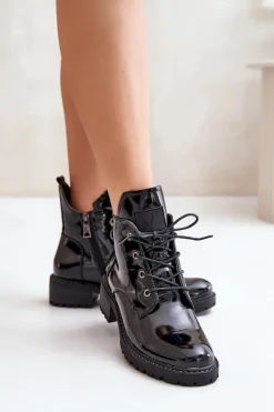 Damskie Buty damskie Vinceza Ocieplane Botki Damskie Na Niskim Obcasie Lakierowane Vinceza 58136 Czarne