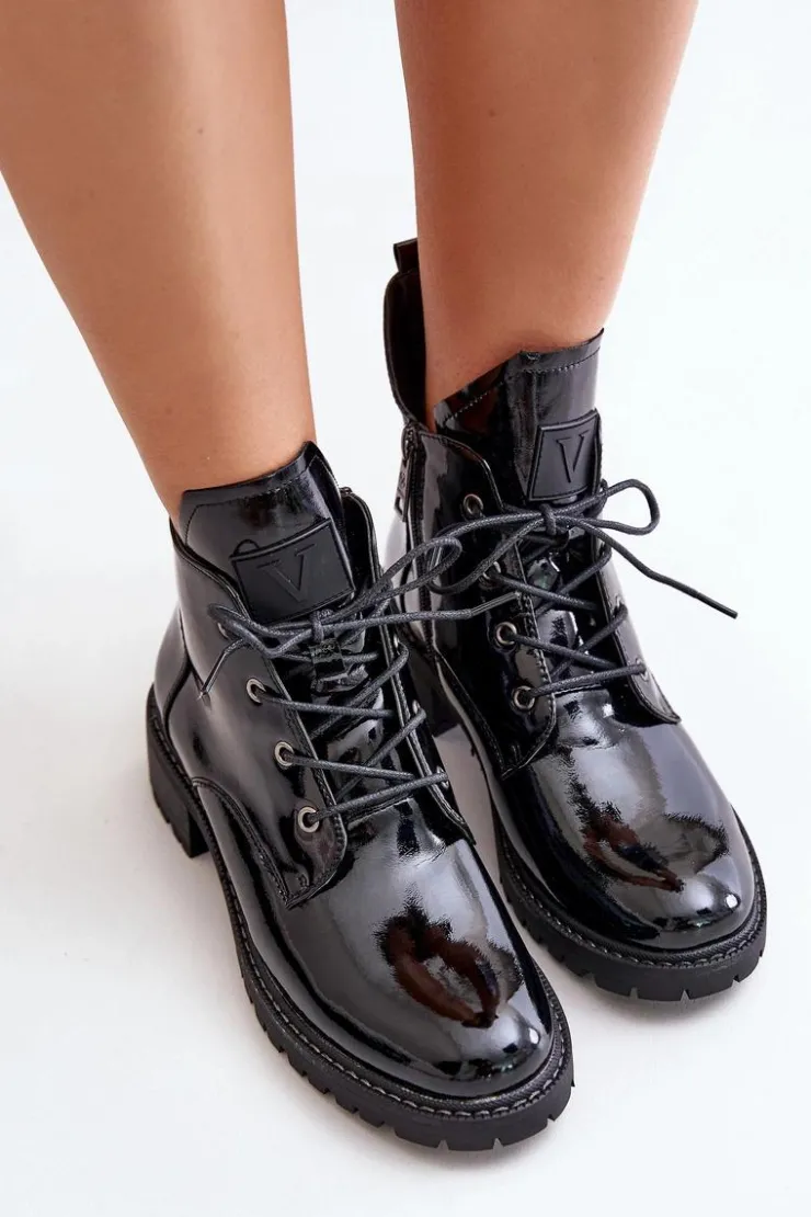 Damskie Buty damskie Vinceza Ocieplane Botki Damskie Na Niskim Obcasie Lakierowane Vinceza 58136 Czarne