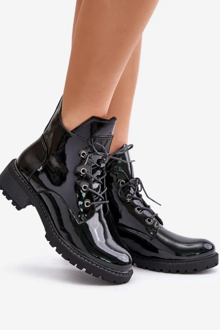 Damskie Buty damskie Vinceza Ocieplane Botki Damskie Na Niskim Obcasie Lakierowane Vinceza 58136 Czarne