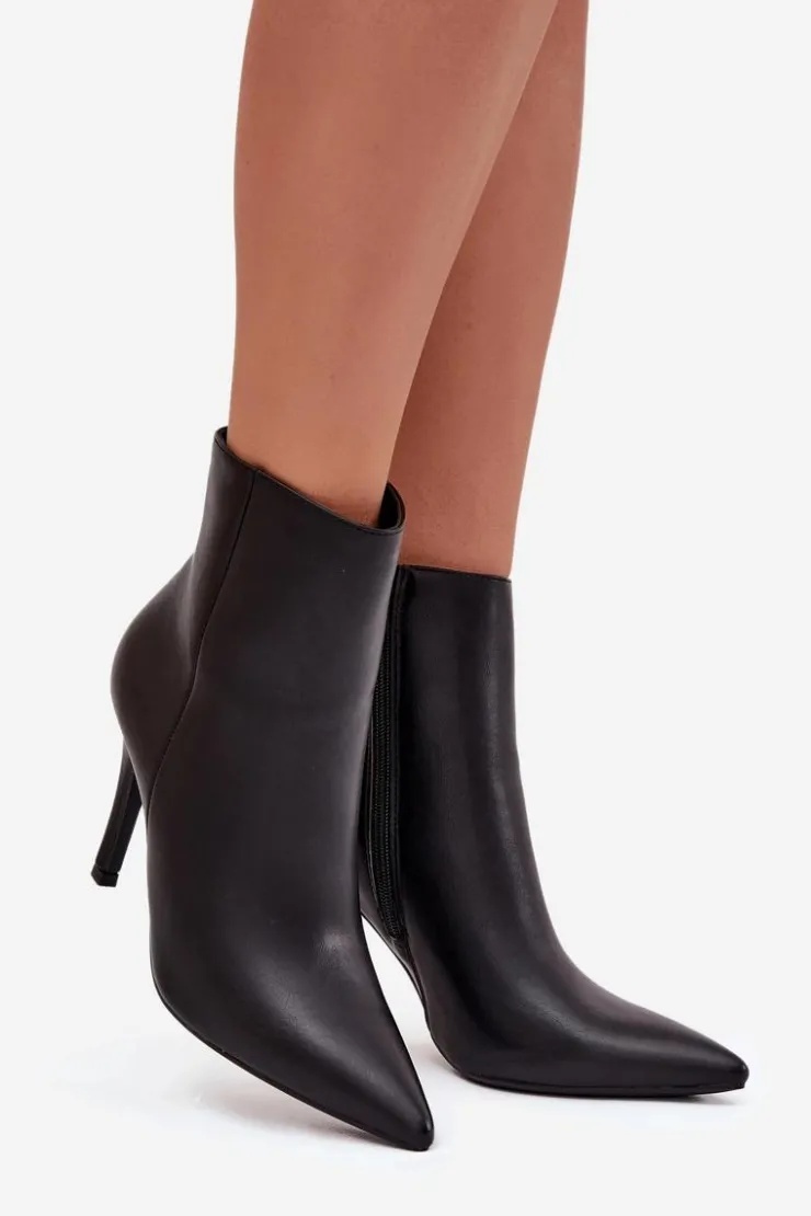 Boto Ocieplane Botki Damskie Na Szpilce Eko Skórzane Czarne Nolisse Czarny