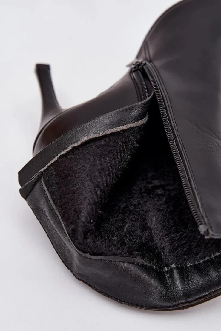 Boto Ocieplane Botki Damskie Na Szpilce Eko Skórzane Czarne Nolisse Czarny