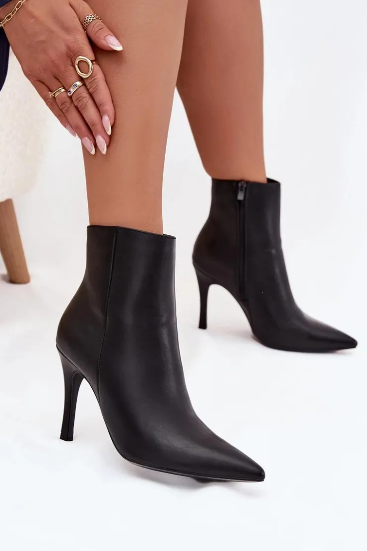 Boto Ocieplane Botki Damskie Na Szpilce Eko Skórzane Czarne Nolisse Czarny