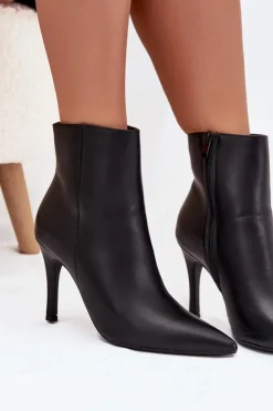 Boto Ocieplane Botki Damskie Na Szpilce Eko Skórzane Czarne Nolisse Czarny