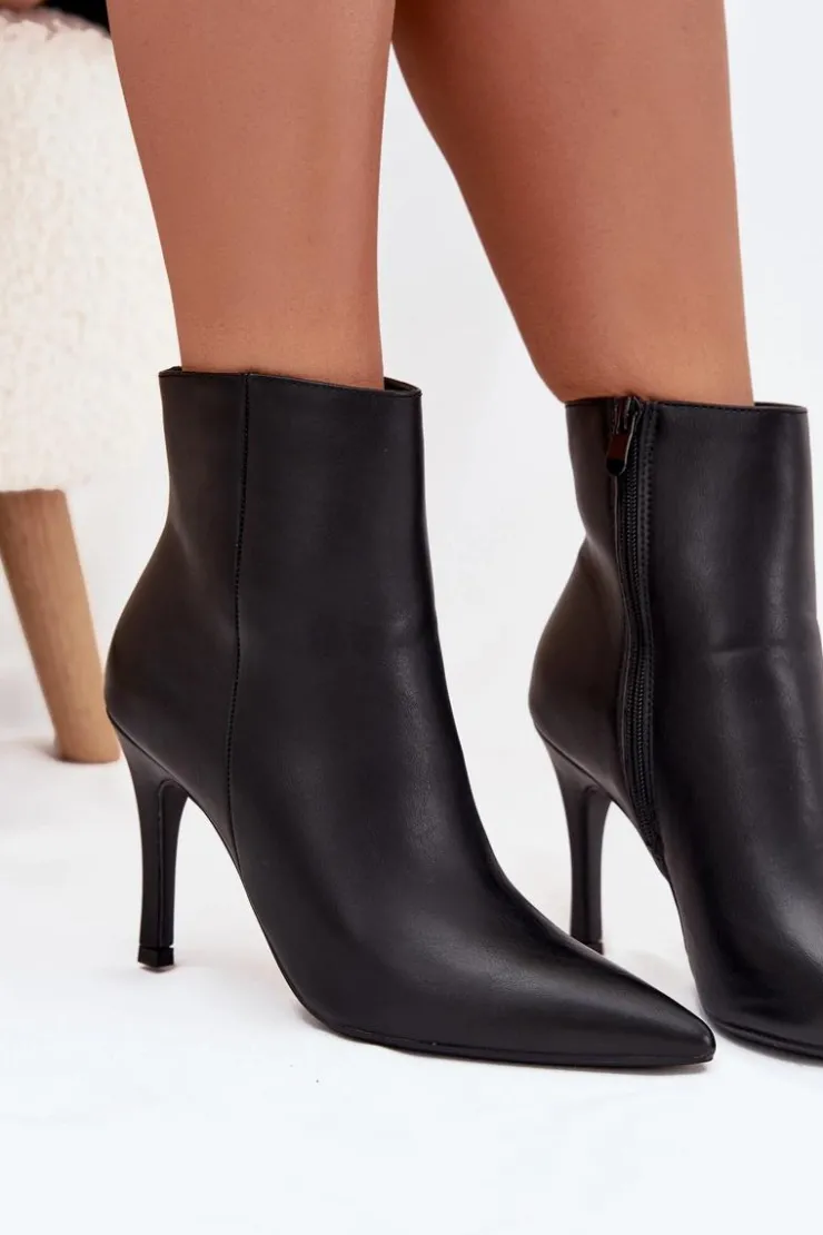 Boto Ocieplane Botki Damskie Na Szpilce Eko Skórzane Czarne Nolisse Czarny