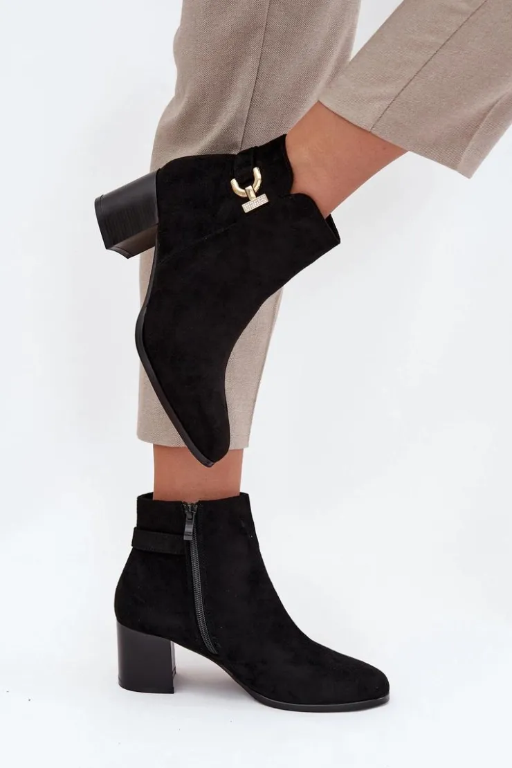 Boto Botki Ocieplane|Botki Na Słupku*Ocieplane Botki Damskie Na Słupku Ze Złotym Detalem Czarne Renora Czarny