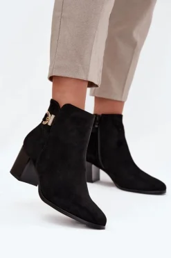 Boto Botki Ocieplane|Botki Na Słupku*Ocieplane Botki Damskie Na Słupku Ze Złotym Detalem Czarne Renora Czarny