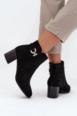 Boto Botki Ocieplane|Botki Na Słupku*Ocieplane Botki Damskie Na Słupku Ze Złotym Detalem Czarne Renora Czarny