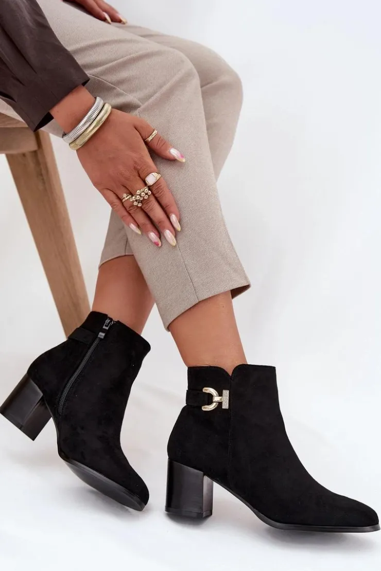 Boto Botki Ocieplane|Botki Na Słupku*Ocieplane Botki Damskie Na Słupku Ze Złotym Detalem Czarne Renora Czarny