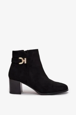 Boto Botki Ocieplane|Botki Na Słupku*Ocieplane Botki Damskie Na Słupku Ze Złotym Detalem Czarne Renora Czarny