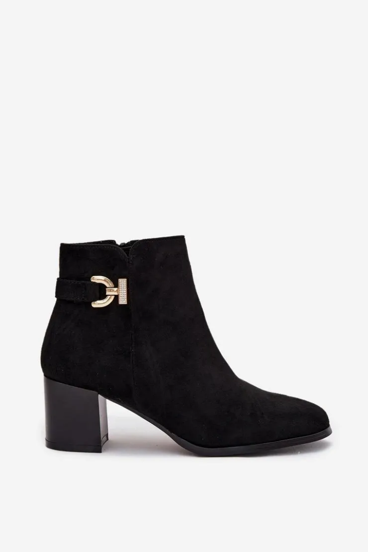 Boto Botki Ocieplane|Botki Na Słupku*Ocieplane Botki Damskie Na Słupku Ze Złotym Detalem Czarne Renora Czarny