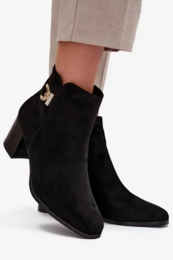 Boto Botki Ocieplane|Botki Na Słupku*Ocieplane Botki Damskie Na Słupku Ze Złotym Detalem Czarne Renora Czarny