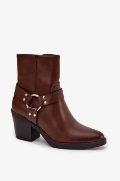 Damskie Boto Ocieplane Botki Damskie Na Słupku Z Ozdobnym Elementem Brązowe Jurelle