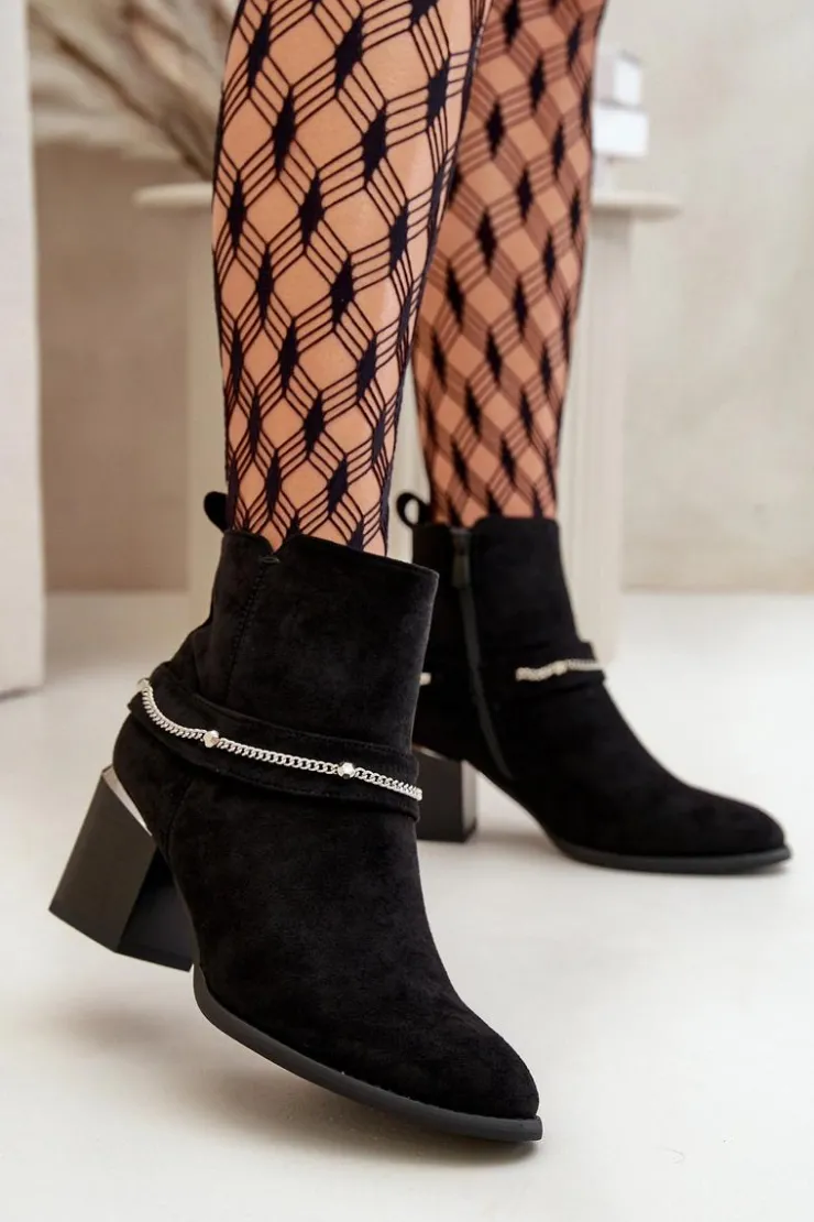 Boto Botki Ocieplane|Botki Na Słupku*Ocieplane Botki Damskie Na Słupku Z Łańcuszkiem Eko Zamszowe Czarne Hanalen Czarny