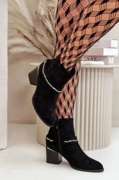 Boto Botki Ocieplane|Botki Na Słupku*Ocieplane Botki Damskie Na Słupku Z Łańcuszkiem Eko Zamszowe Czarne Hanalen Czarny