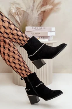 Boto Botki Ocieplane|Botki Na Słupku*Ocieplane Botki Damskie Na Słupku Z Łańcuszkiem Eko Zamszowe Czarne Hanalen Czarny