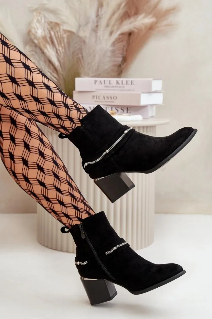 Boto Botki Ocieplane|Botki Na Słupku*Ocieplane Botki Damskie Na Słupku Z Łańcuszkiem Eko Zamszowe Czarne Hanalen Czarny