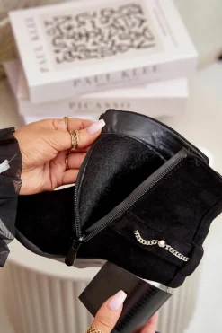 Boto Botki Ocieplane|Botki Na Słupku*Ocieplane Botki Damskie Na Słupku Z Łańcuszkiem Eko Zamszowe Czarne Hanalen Czarny