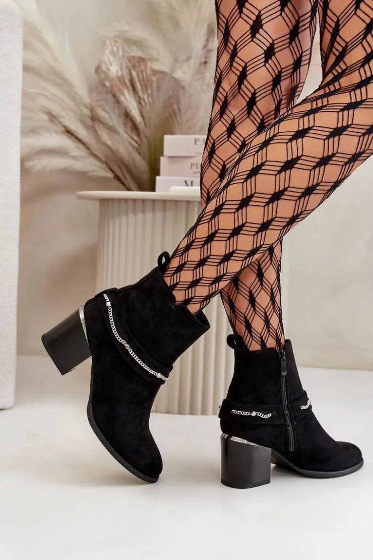 Boto Botki Ocieplane|Botki Na Słupku*Ocieplane Botki Damskie Na Słupku Z Łańcuszkiem Eko Zamszowe Czarne Hanalen Czarny