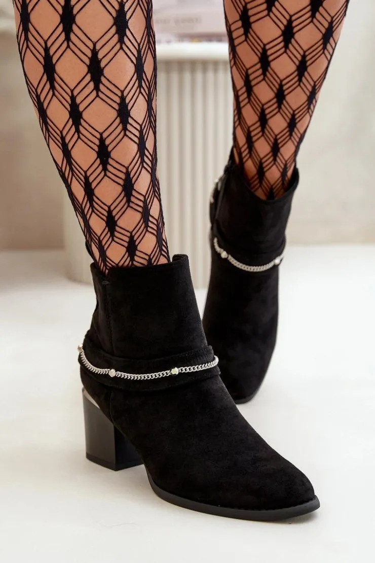 Boto Botki Ocieplane|Botki Na Słupku*Ocieplane Botki Damskie Na Słupku Z Łańcuszkiem Eko Zamszowe Czarne Hanalen Czarny