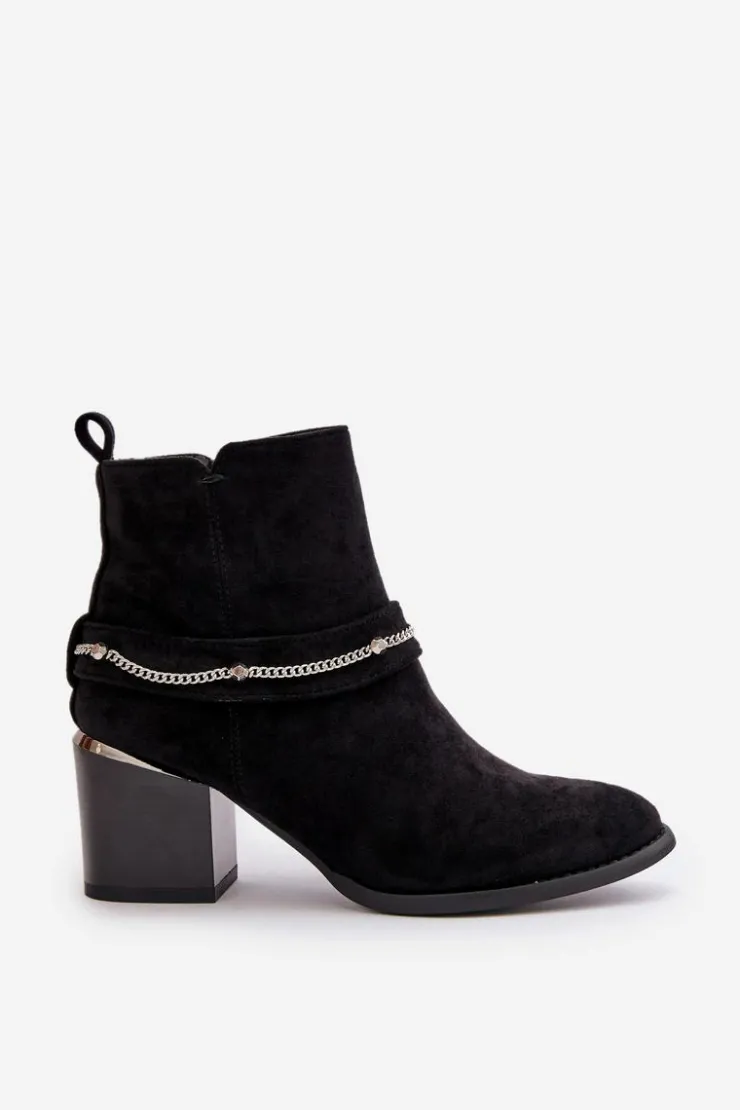 Boto Botki Ocieplane|Botki Na Słupku*Ocieplane Botki Damskie Na Słupku Z Łańcuszkiem Eko Zamszowe Czarne Hanalen Czarny