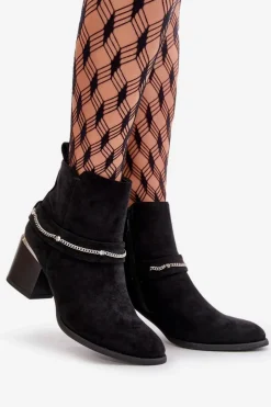 Boto Botki Ocieplane|Botki Na Słupku*Ocieplane Botki Damskie Na Słupku Z Łańcuszkiem Eko Zamszowe Czarne Hanalen Czarny
