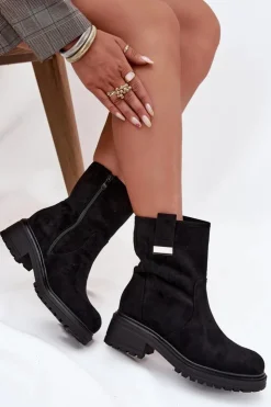 Boto Brązowe I Beżowe Botki|Botki Na Obcasie*Ocieplane Botki Damskie Na Niskim Obcasie Czarne Mirellea Czarny