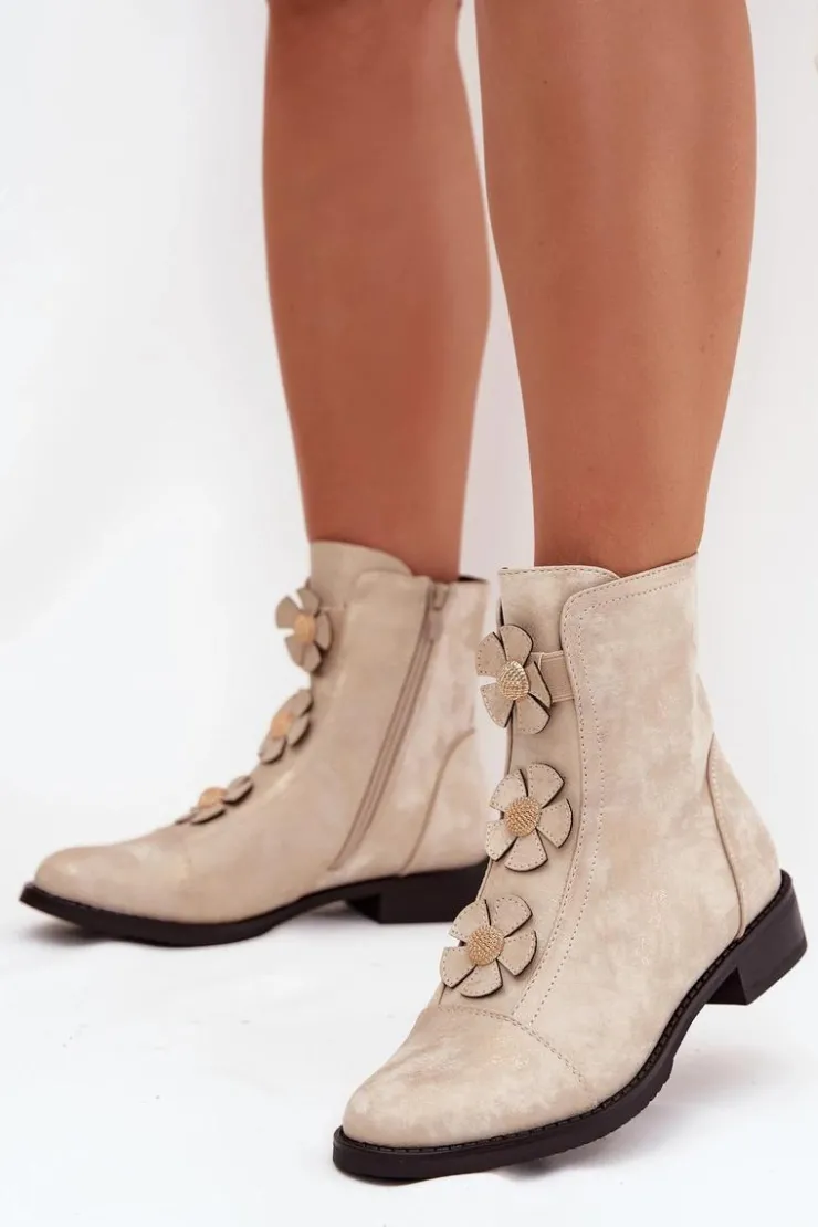 Boto Botki Ocieplane|Czarne Botki*Ocieplane Botki Damskie Na Płaskim Obcasie Z Ozdobnymi Kwiatkami Złote Pravienne Złoty