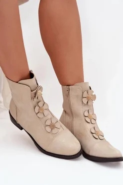 Boto Botki Ocieplane|Czarne Botki*Ocieplane Botki Damskie Na Płaskim Obcasie Z Ozdobnymi Kwiatkami Złote Pravienne Złoty