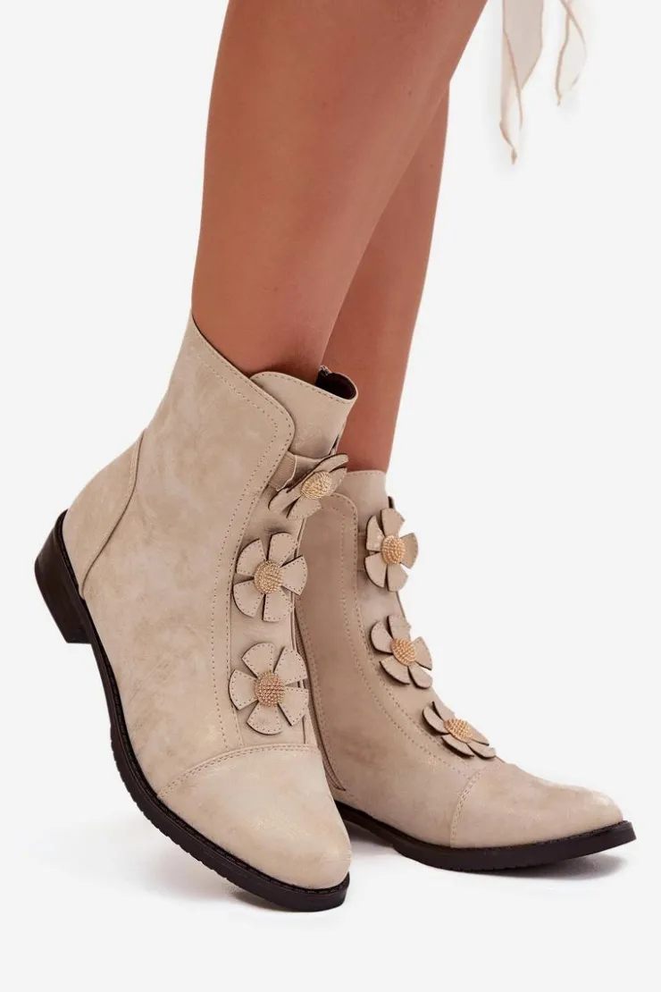 Boto Botki Ocieplane|Czarne Botki*Ocieplane Botki Damskie Na Płaskim Obcasie Z Ozdobnymi Kwiatkami Złote Pravienne Złoty