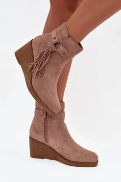 Boto Ocieplane Botki Damskie Na Koturnie Z Frędzlami Beżowe Olivarae Beżowy