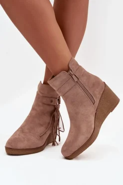 Boto Ocieplane Botki Damskie Na Koturnie Z Frędzlami Beżowe Olivarae Beżowy