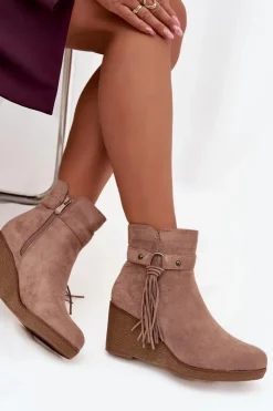 Boto Ocieplane Botki Damskie Na Koturnie Z Frędzlami Beżowe Olivarae Beżowy