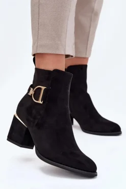 Boto Botki Ocieplane|Botki Na Słupku*Ocieplane Botki Damskie Na Słupku Ze Złotymi Elementami Czarne Ambrine Czarny