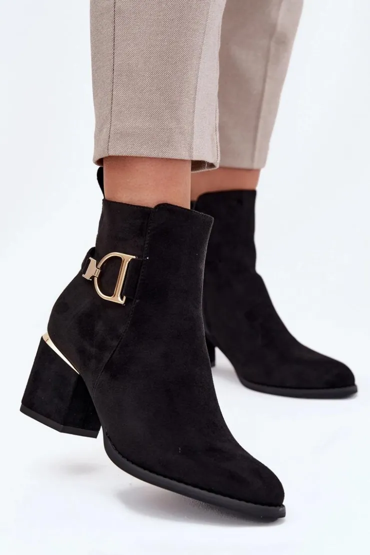 Boto Botki Ocieplane|Botki Na Słupku*Ocieplane Botki Damskie Na Słupku Ze Złotymi Elementami Czarne Ambrine Czarny