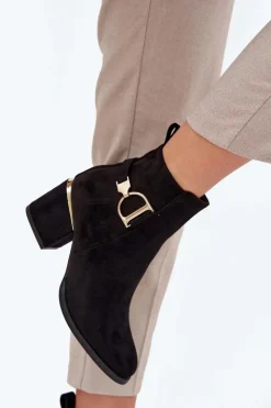 Boto Botki Ocieplane|Botki Na Słupku*Ocieplane Botki Damskie Na Słupku Ze Złotymi Elementami Czarne Ambrine Czarny