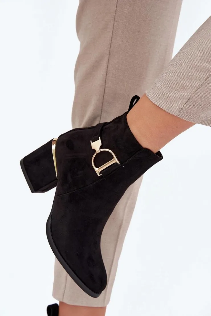 Boto Botki Ocieplane|Botki Na Słupku*Ocieplane Botki Damskie Na Słupku Ze Złotymi Elementami Czarne Ambrine Czarny