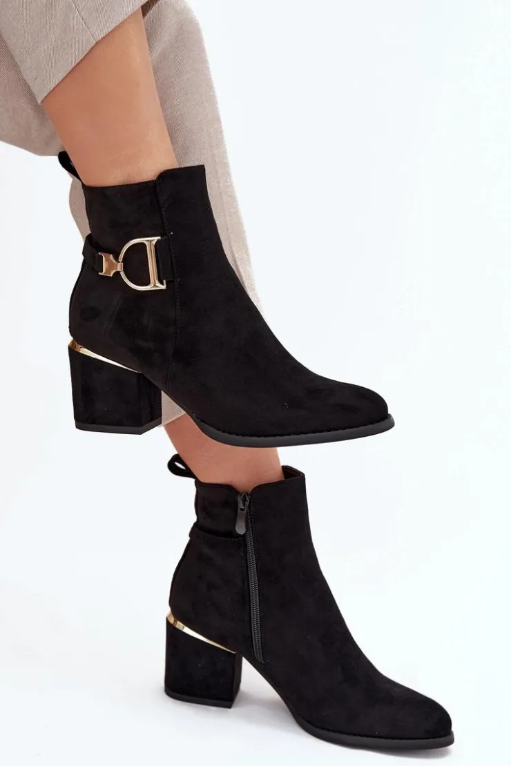 Boto Botki Ocieplane|Botki Na Słupku*Ocieplane Botki Damskie Na Słupku Ze Złotymi Elementami Czarne Ambrine Czarny